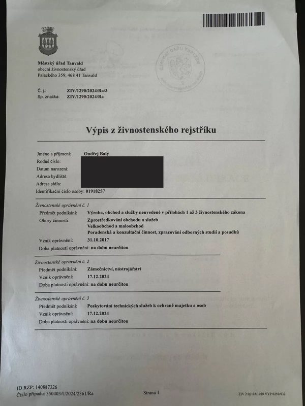 Výpis z živnostenského rejstříku, Ondřej Balý, IČ 01918257, obory Zámečnictví a Technické služby k ochraně majetku